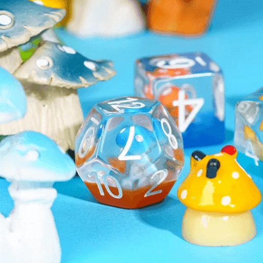 Enchanted Forest Mushroom Dice Set: 7-Piece Clear Resin RPG Dice w/Vibrant Botanicals - 