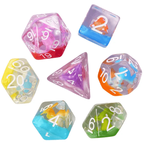 Enchanted Forest Mushroom Dice Set: 7-Piece Clear Resin RPG Dice w/Vibrant Botanicals - 