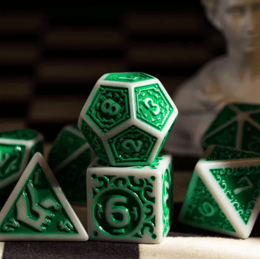 White with Green Irregular Pattern Fill: 7-Piece Acrylic Dice Set for D&D and RPG - 