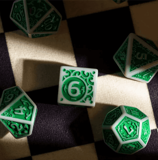 White with Green Irregular Pattern Fill: 7-Piece Acrylic Dice Set for D&D and RPG - 