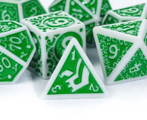 White with Green Irregular Pattern Fill: 7-Piece Acrylic Dice Set for D&D and RPG - 