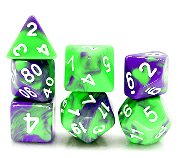 Enchanted Brew 7-Dice Set - Cauldron Purple & Potion Green Blend with White Numbers - Budget-Friendly Acrylic D&D Dice - 