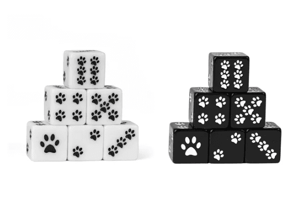 White Cat Paw Dice Opaque w/Black Paw Prints 16mm d6 Dice (sold per die) - 