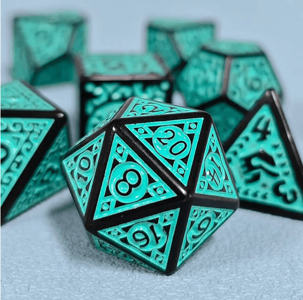 Black with Teal Ink Irregular Pattern Fill | 7-Dice Acrylic Dice Set - 