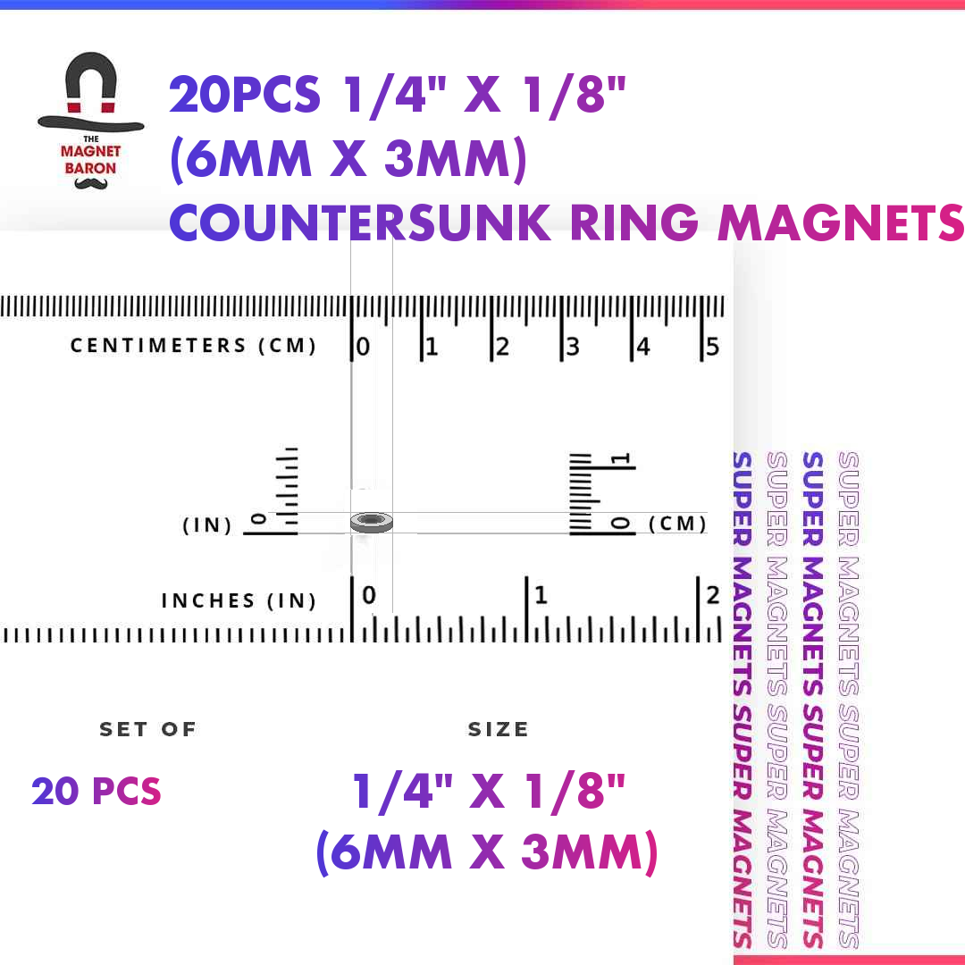 20pcs 1/4" x 1/8" Countersunk Ring Magnets Chrome
