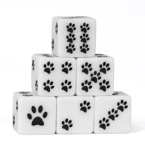 White Cat Paw Dice Opaque w/Black Paw Prints 16mm d6 Dice (sold per die) - 