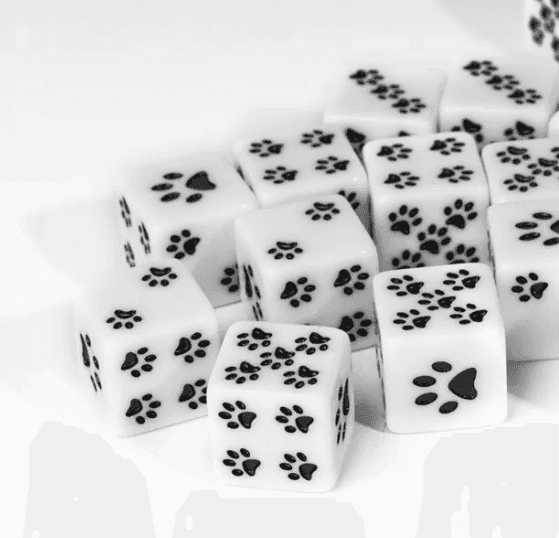 White Cat Paw Dice Opaque w/Black Paw Prints 16mm d6 Dice (sold per die) - 