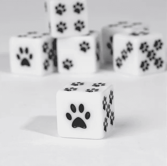 White Cat Paw Dice Opaque w/Black Paw Prints 16mm d6 Dice (sold per die) - 