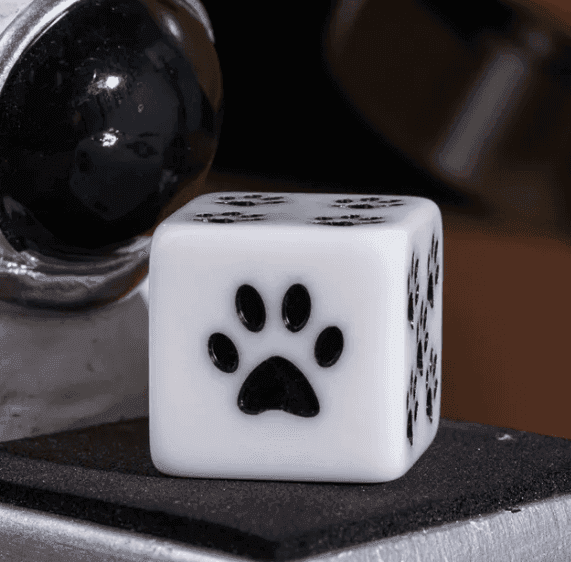 White Cat Paw Dice Opaque w/Black Paw Prints 16mm d6 Dice (sold per die) - 