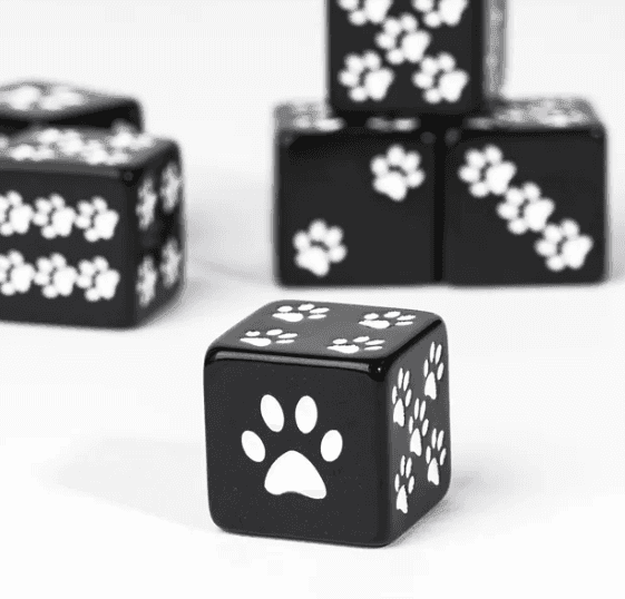 Black Cat Paw Dice Opaque w/White Paw Prints 16mm d6 Dice (sold per die) - 