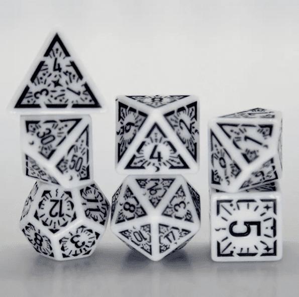 Arcane Obsidian Glyph Polyhedral Dice Set | 7-Dice White & Black - 