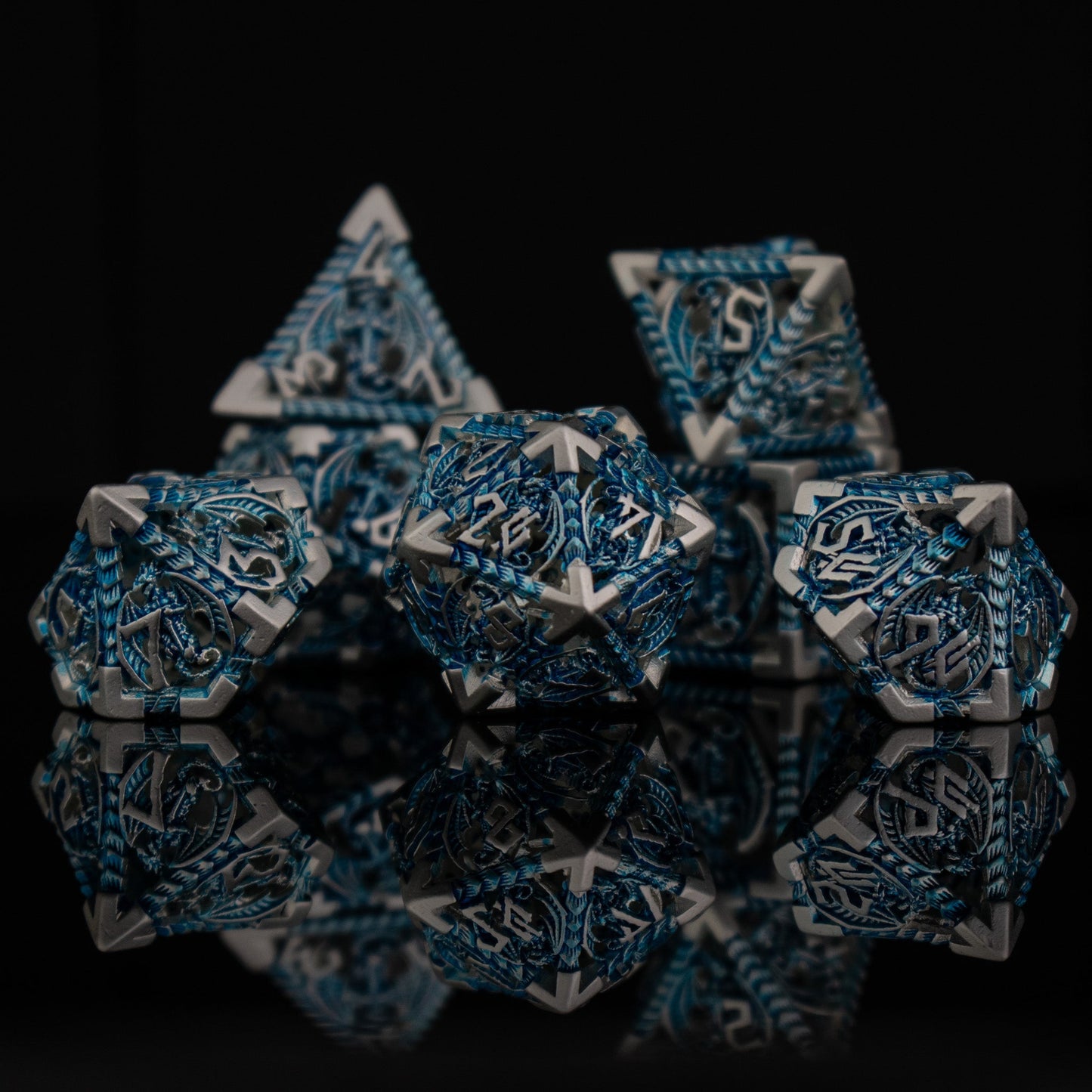 Dragonguard Hollow Metal Dice Set - Azure and Silver