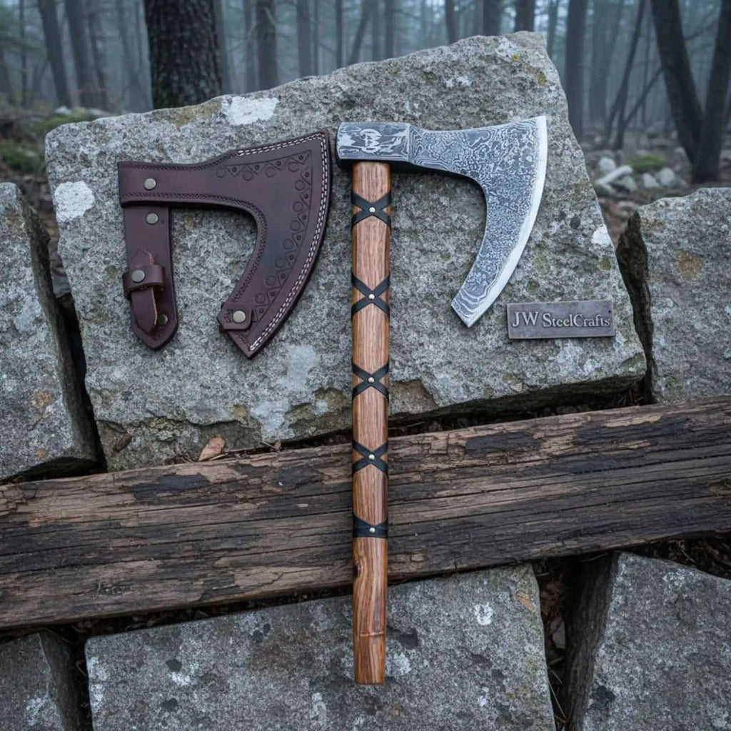 Viking-Style Skeggøx Bearded Damascus Camp Axe with Wrapped Hardwood Shaft and Leather Sheath