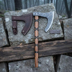 Viking-Style Skeggøx Bearded Damascus Camp Axe with Wrapped Hardwood Shaft and Leather Sheath