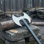 Handcrafted Double-Headed Decorative Axe featuring Nordic-style Engravings and Cord-wrapped Grip