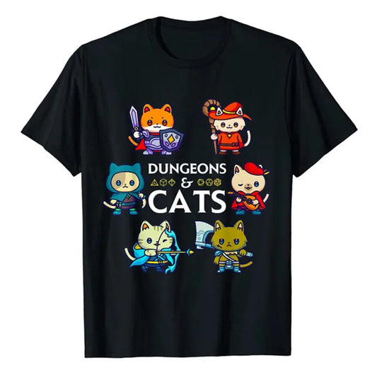 Dungeons and Cats RPG D20 Dice Nerdy Fantasy Gamer Cat Gift T-Shirt Gifts Funny Kawaii Sarcastic and Ironic Cool Kitten Tee Tops