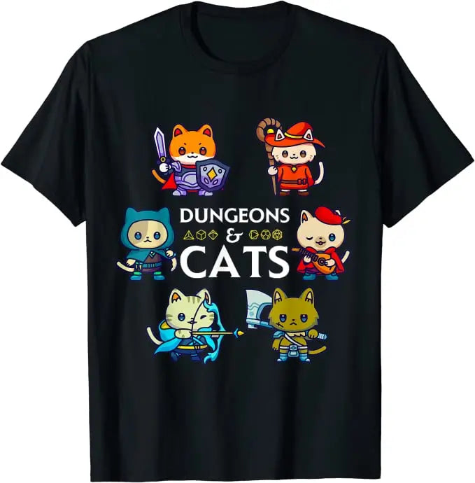 Dungeons and Cats RPG D20 Dice Nerdy Fantasy Gamer Cat Gift T-Shirt Gifts Funny Kawaii Sarcastic and Ironic Cool Kitten Tee Tops