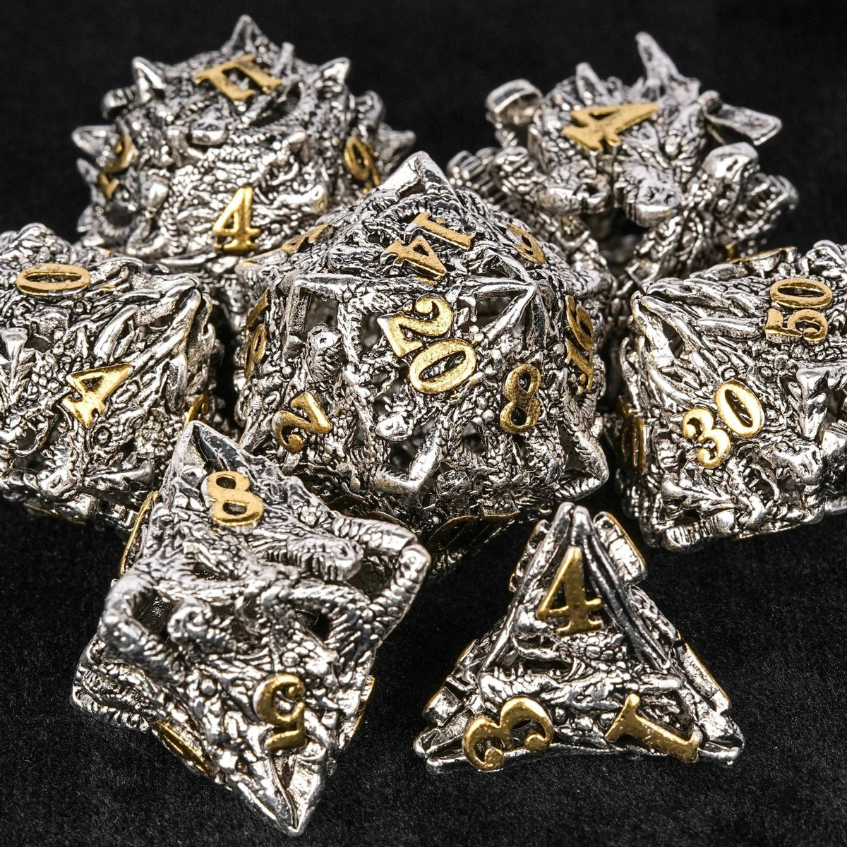 dungeons and dragons silver shaped dragon head metal hollow dice set