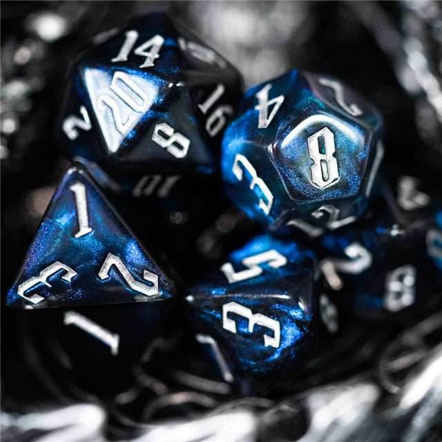 Glitter Party Black Glitter Dice (White font) 7-Dice Set - 