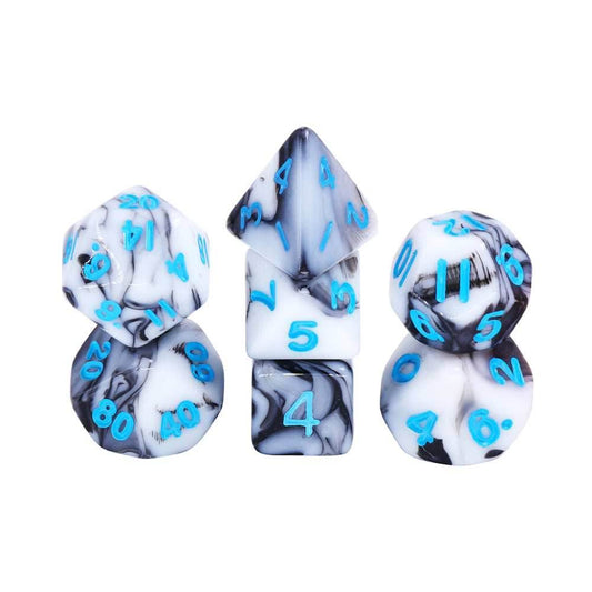 Black White Blend 7-Dice Mini-Dice RPG Set w/Blue Numbers Miniature Dice - 