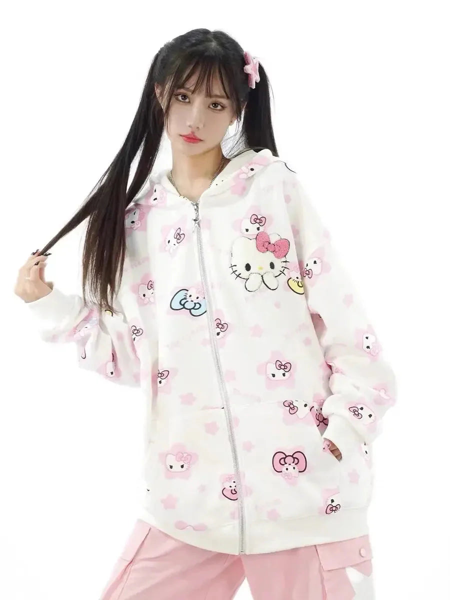 'Kittyy Gurl' Kawaii Zipped Oversized  Hoodie