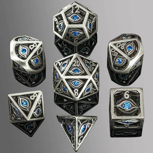 Dragon's Eye Hollow Metal Dice Set - Aqua Blue Gems - 