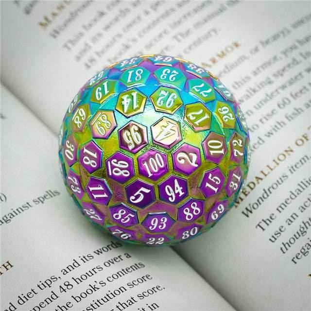 Rainbow Metal Single 100 Sided Polyhedral Dice (D100) | w/ White Color (45mm) - 