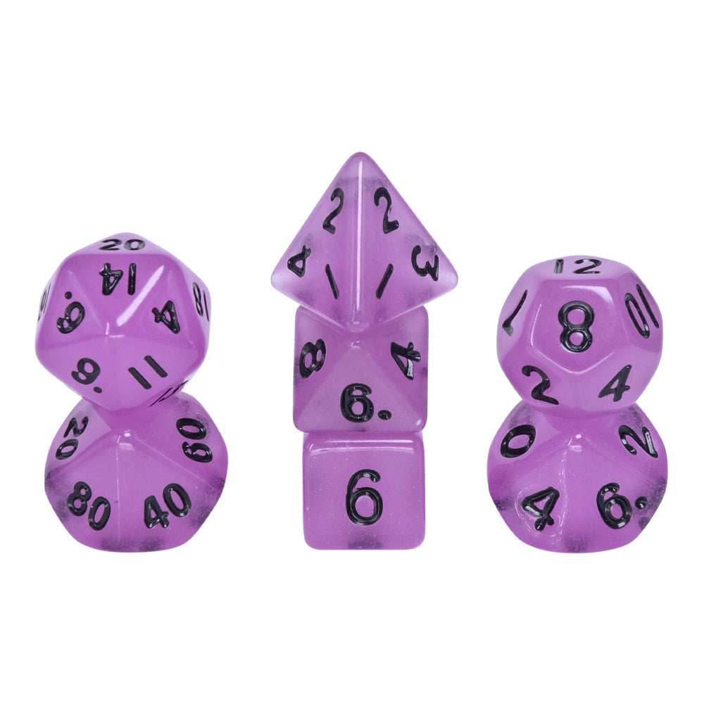 Purple Glow 7-Dice Mini-Dice RPG Set w/Black Numbers Miniature Dice - 