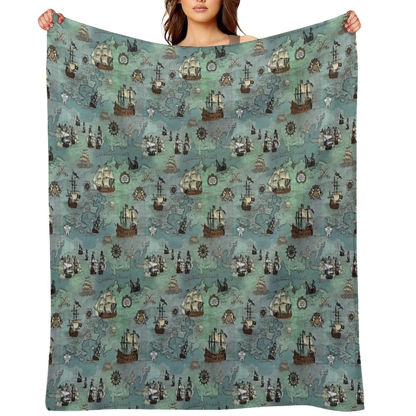 Pirate Map Nautical Sea Print Ocean Blue & Sea Glass Green Throw Blanket