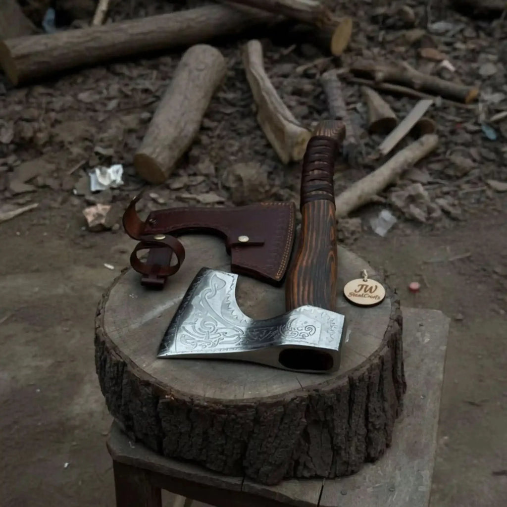 Hand-Forged Carbon Steel Viking Axe | Carved Ash Wood Handle | Leather Wrap Grip | JW SteelCrafts