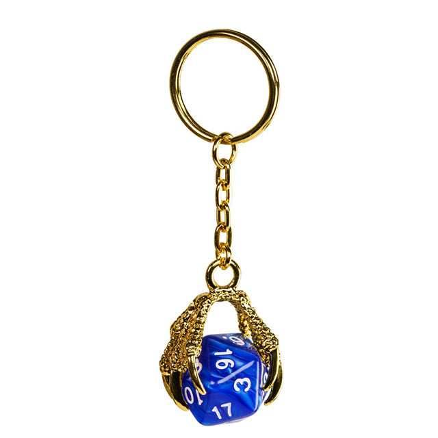 Claw Blue D20 Keychain Featuring Gold Metal Dragon Claw + d20 - 