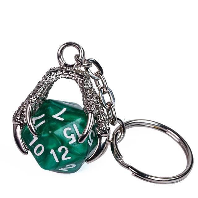 Claw Green D20 Keychain Featuring Silver Metal Dragon Claw + d20 - 
