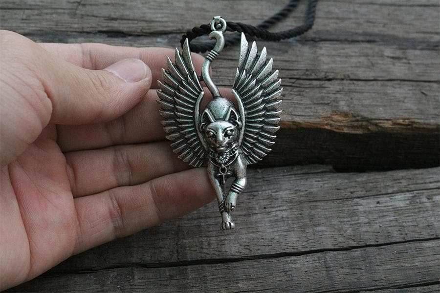 Ancient Egypt Bastet Goddess of Cats Stainless Steel Necklace - Silver