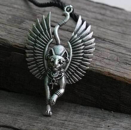 Ancient Egypt Bastet Goddess of Cats Stainless Steel Necklace - Silver