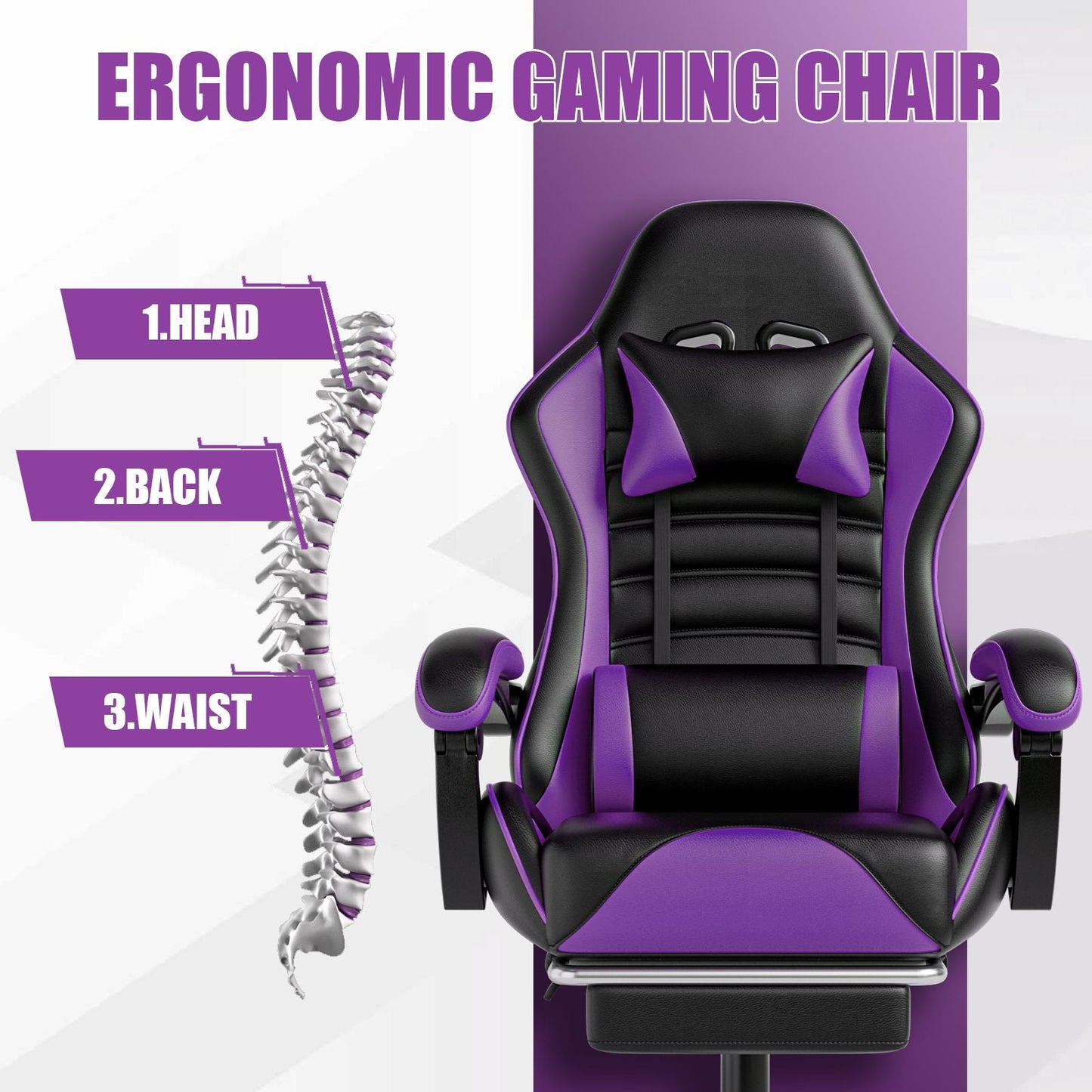 Ergonomic Gaming Chair for Adults, Comfortable Computer Chair for Heavy People, Adjustable Height Office Desk Chair with Wheels, Breathable Leather Video Game Chairs