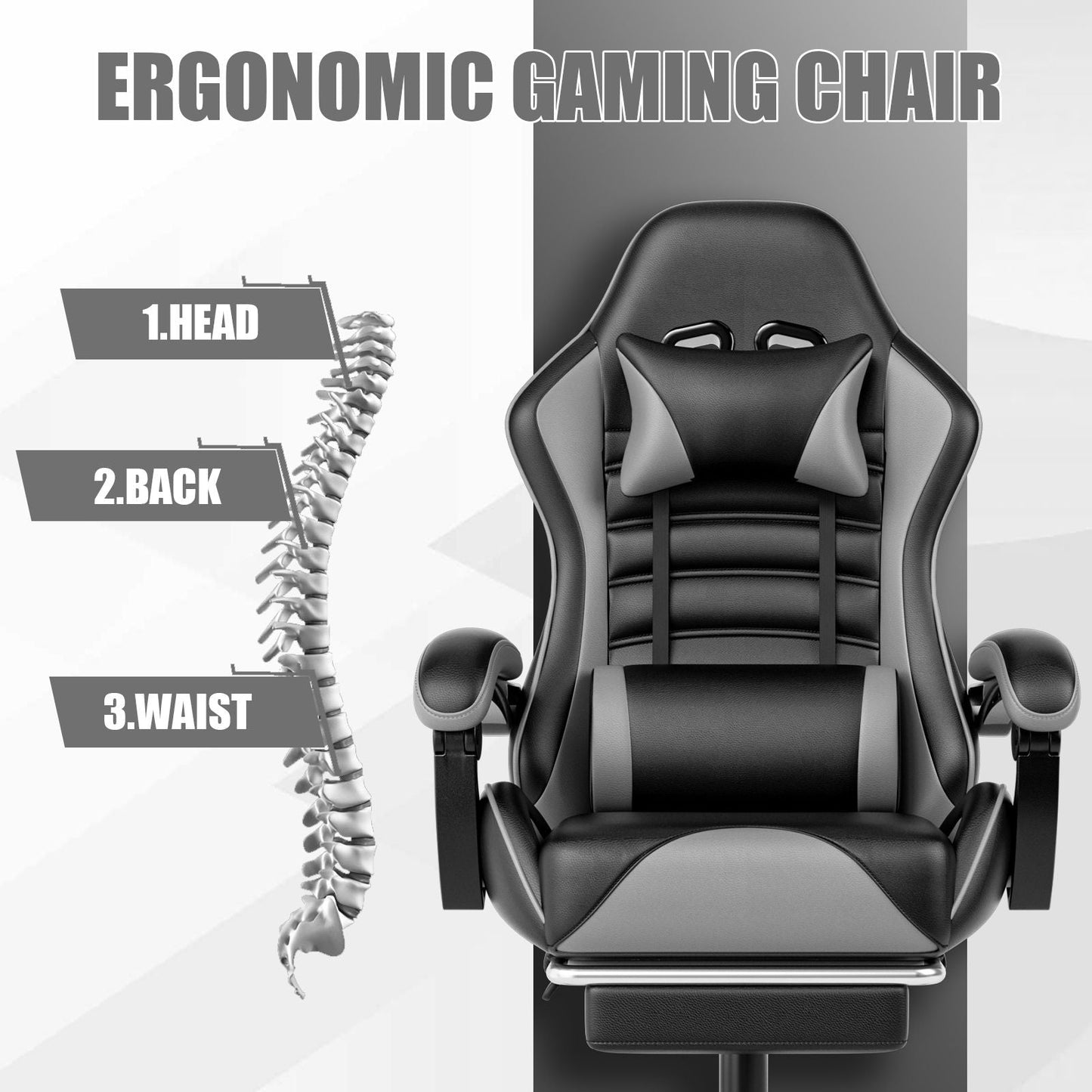 Ergonomic Gaming Chair for Adults, Comfortable Computer Chair for Heavy People, Adjustable Height Office Desk Chair with Wheels, Breathable Leather Video Game Chairs