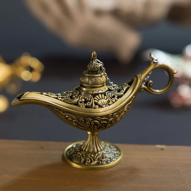 ERMAKOVA 12cm(4.7")Classic Rare Hollow Legend Aladdin Magic Genie Lamps Incense Burners Retro Wishing Oil Lamp Home Decor Gift