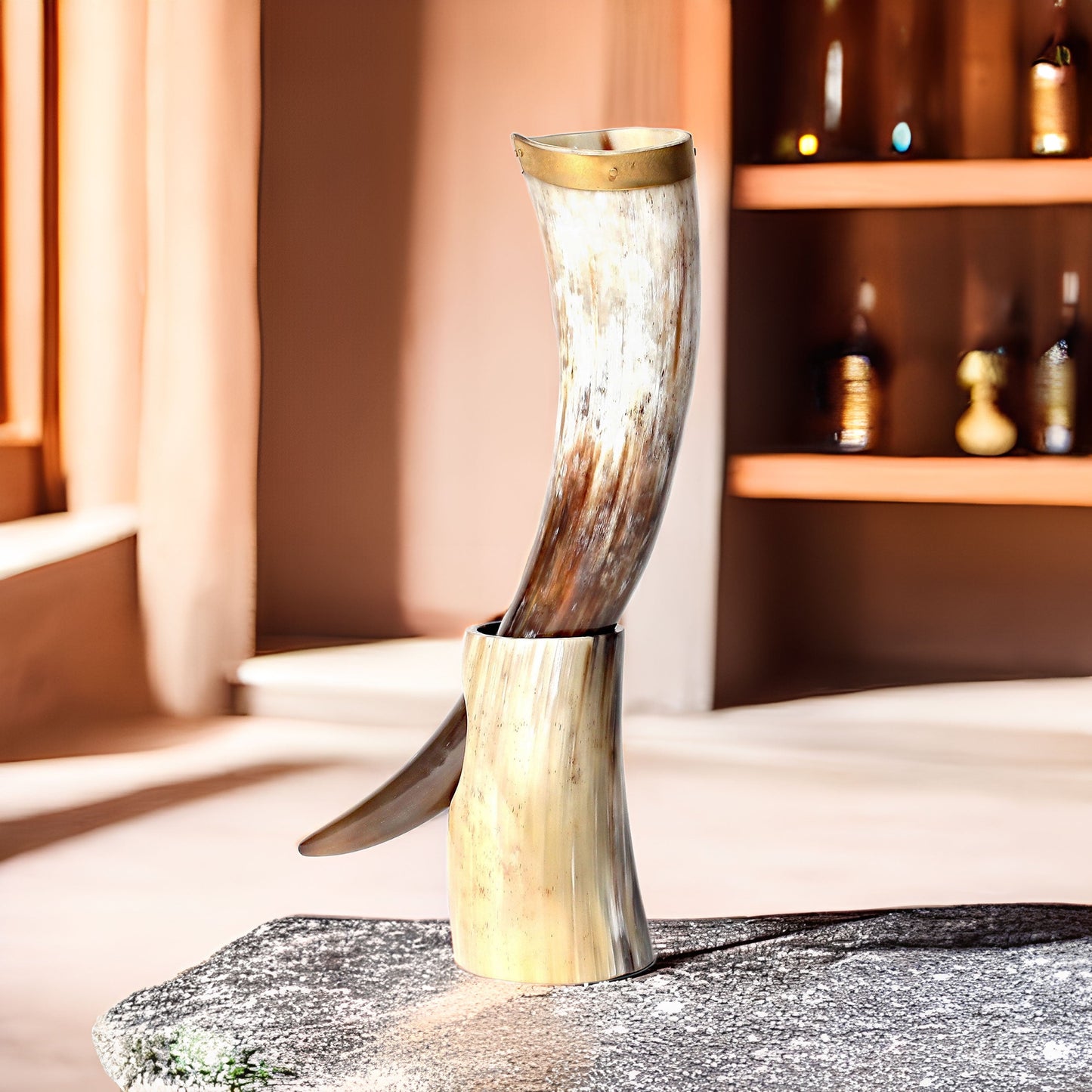 Curved Drinking Horn Bundle with Stand & Holster