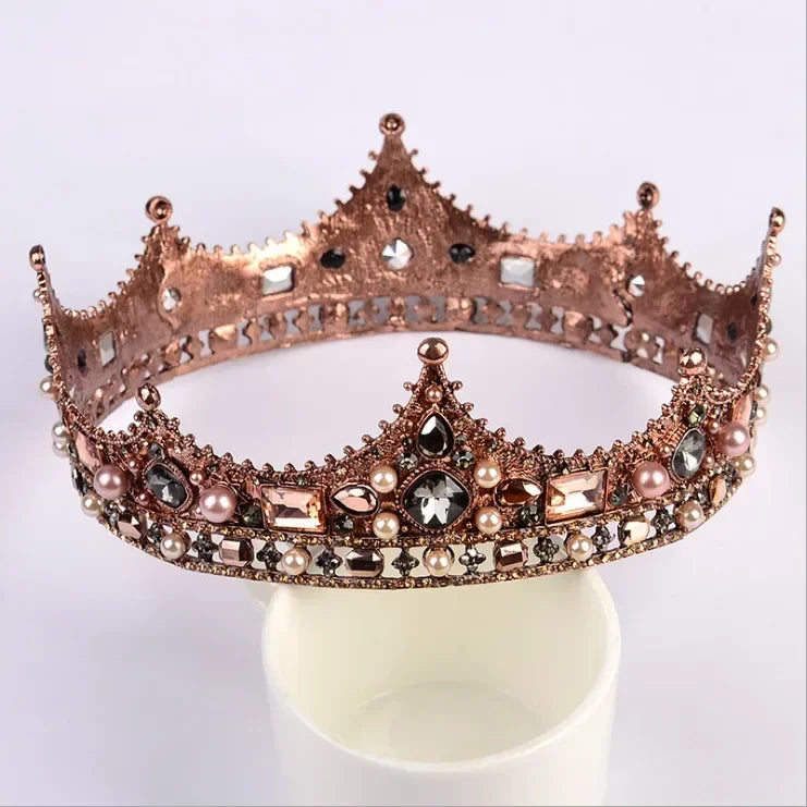 Europe Vintage Baroque Court Princess Party Bridal Tiara Men King Crown Crystal Pearl Round Metal Wedding Unisex Crown