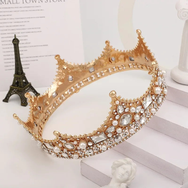 Europe Vintage Baroque Court Princess Party Bridal Tiara Men King Crown Crystal Pearl Round Metal Wedding Unisex Crown