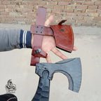 Forged Tool Axe Duo – Textured Steel Heads with Sculpted Hardwood Handles and Leather Sheaths