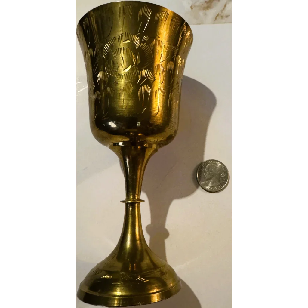 Exquisite Middle Eastern Brass Chalice with Floral Engravings