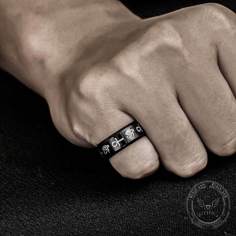 Eye of Ra Ankh Egyptian Symbols Stainless Steel Ring - Stainless Steel / 7
