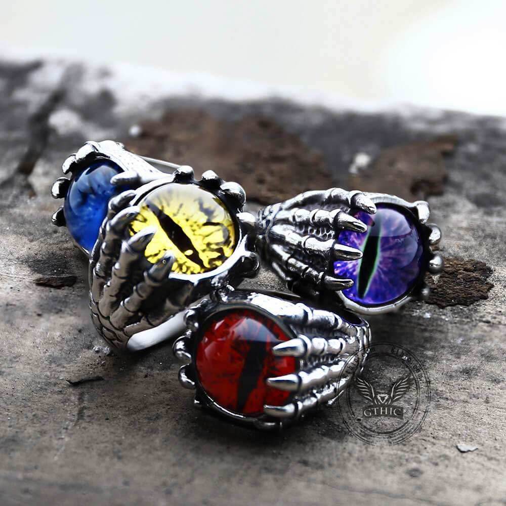 Dragon Eye Stainless Steel Skull Claw Ring - Blue / 7