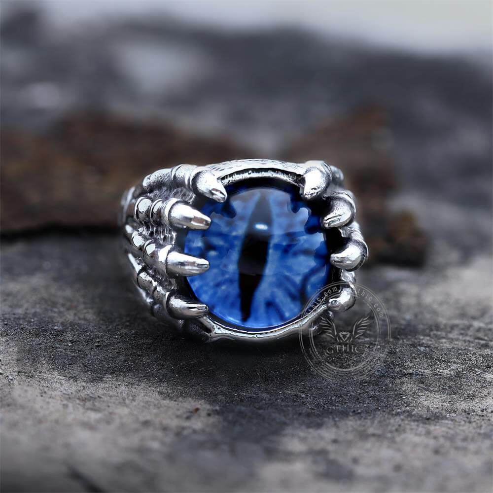 Dragon Eye Stainless Steel Skull Claw Ring - Blue / 7