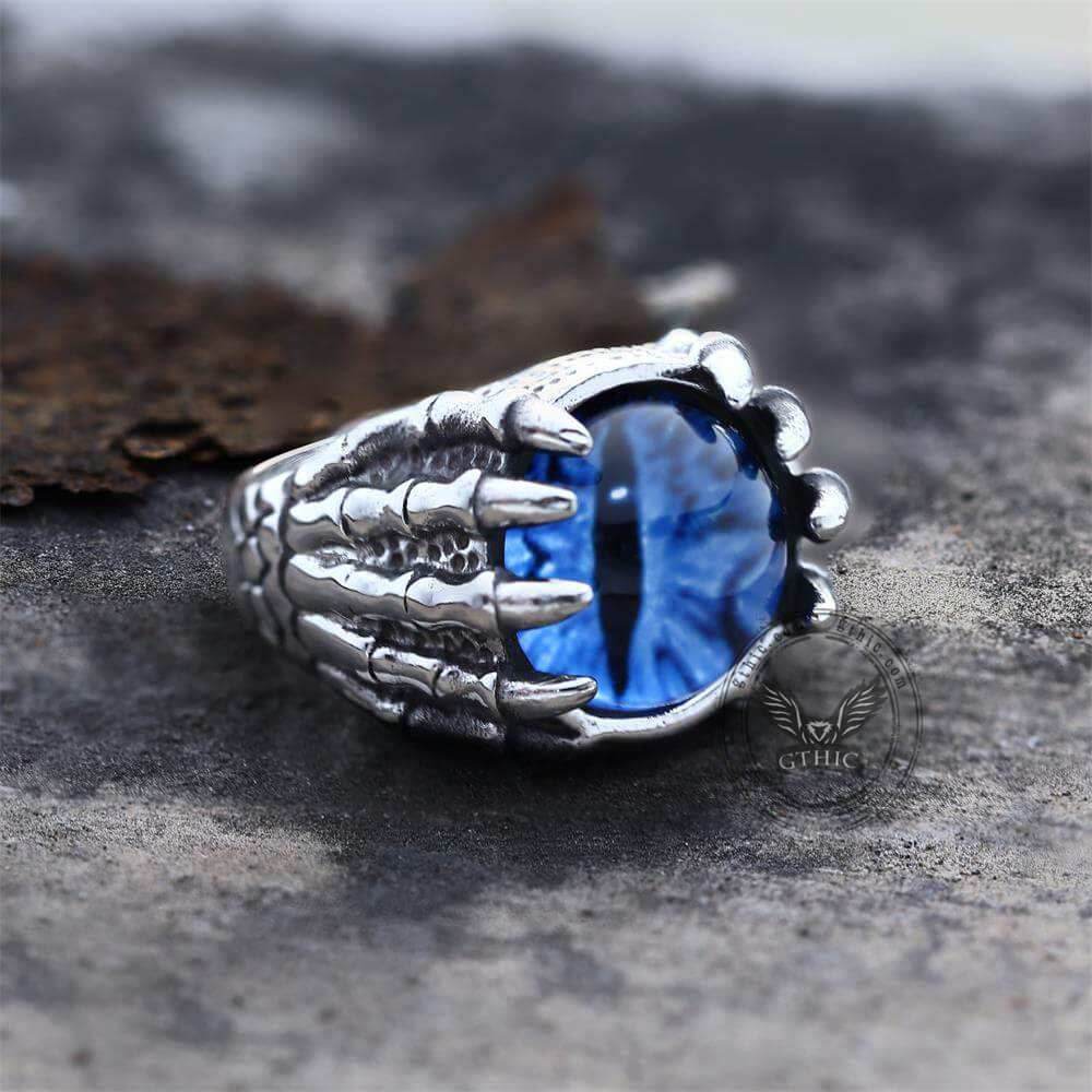 Dragon Eye Stainless Steel Skull Claw Ring - Blue / 7