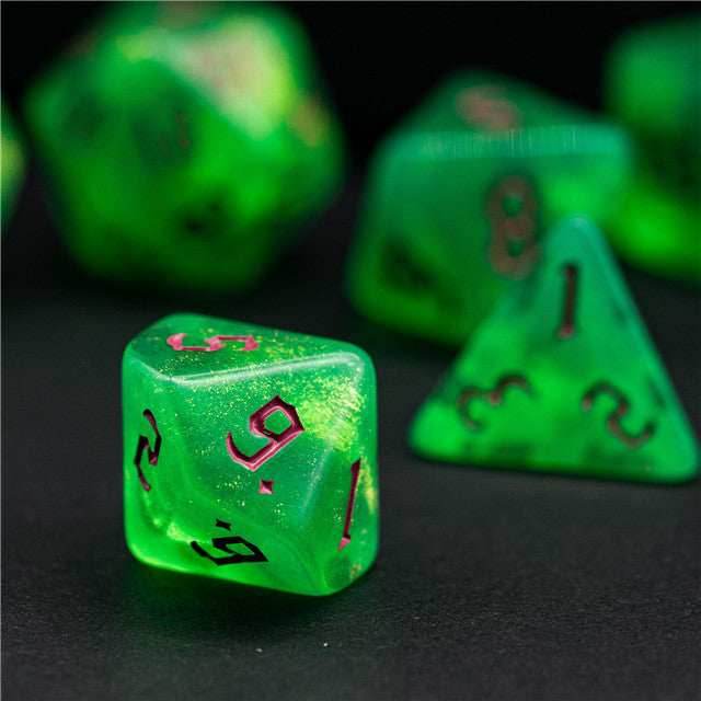 Green Glitter Party Glitter Dice (Pink font) 7-Dice Set RPG DND - 