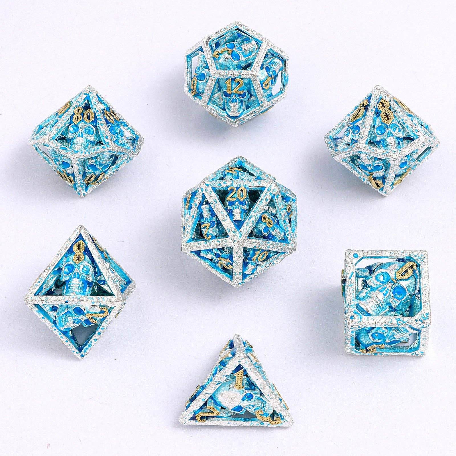 Skull's Grin Hollow Metal Dice Set - Glow in the Dark Blue - 