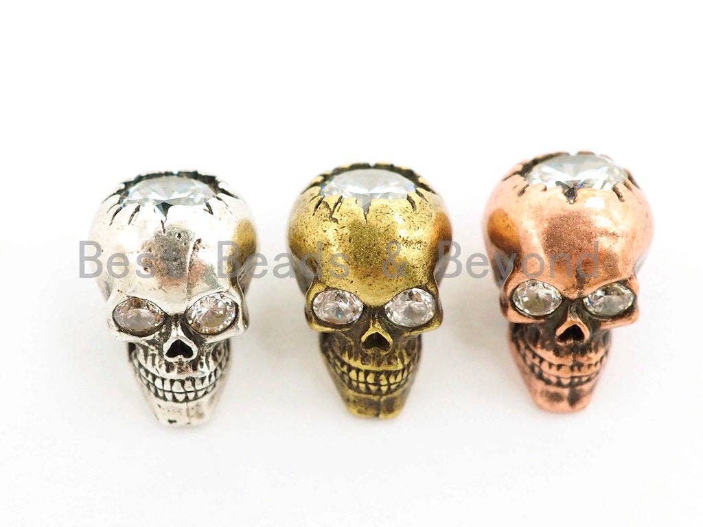 3D Antique Style Skull Bead, CZ Pave Skull Beads, Gold/Silver/Copper Skull Charm, Men's Bracelet Beads, 8.7x12x9.6mm, 1pc, sku#Y139