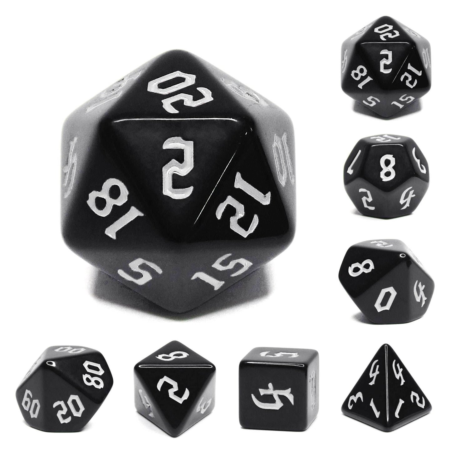 Economy Black Dice (White font) 7-Dice Set RPG DND - 
